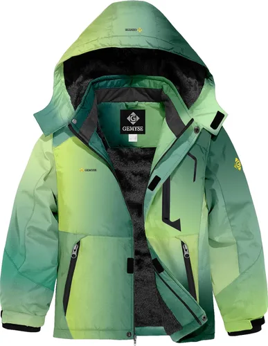 Vista 10 de GEMYSE - Chaqueta de esquí impermeable con capucha y forro polar, resistente al viento, para niño Verde Aqua