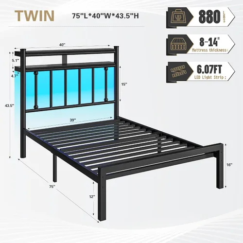 Vista 2 de Homkdom Base de cama de metal de tamaño individual con luces LED inteligentes y cabecera de almacenamiento de 2 niveles, base de colchón resistente