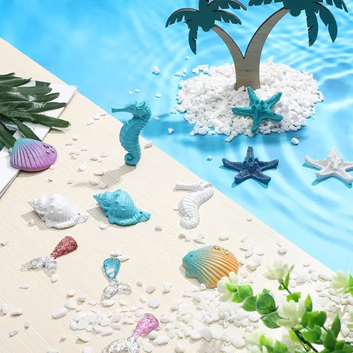 Vista 4 de Maitys 24 adornos navideños de resina con temática del océano, diseño de lápiz, estrella de mar, concha, caballito de mar, decoración artificial