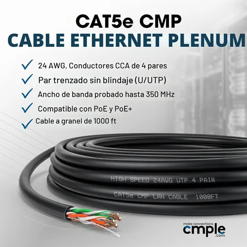 Vista 2 de Cmple - Cable Plenum Cat5e de 1000 pies, CMP, Negro, 350MHz Gigabit Ethernet Red Sólida Internet Bulk UTP
