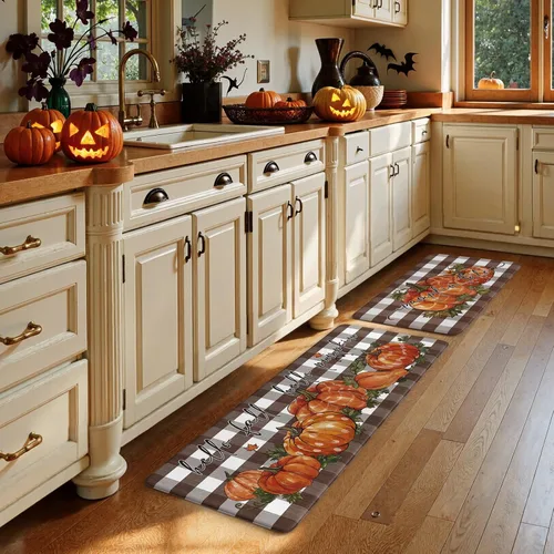 Vista 9 de KIMODE Tapetes Antifatiga para Piso de Cocina 17"x47"+17"x29", Juego de 2 Alfombras de Cocina a Cuadros Marrón y Blanco, Tapete de Cocina