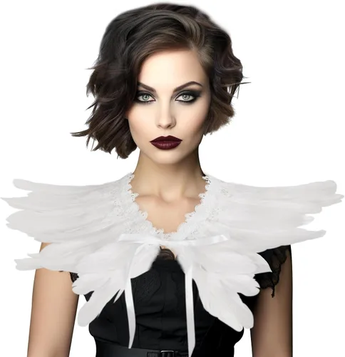 Vista 8 de JEGERMIG Gothic Black Feather Shawl Victorian Costume Shrug Halloween Cosplay Feather Wrap Lace Neck