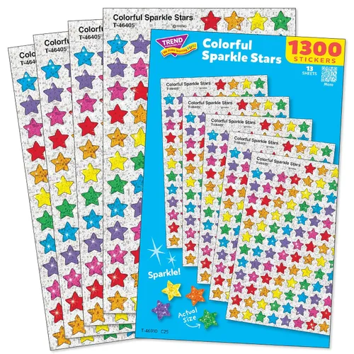 Vista 2 de Pegatinas de estrellas brillantes Trend Enterprises – 1/4 a 1/2 pulgadas – juego de 1300 – rojo, azul, oro, plata