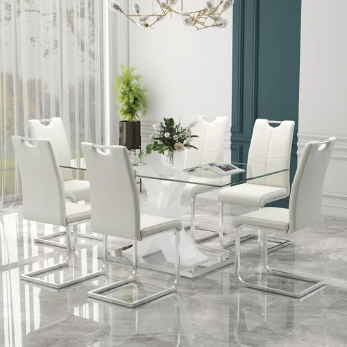 Vista 12 de Juego de comedor moderno de vidrio de lujo de 5 piezas, juego de cena rectangular minimalista grande para 4, juego de mesa de cocina de vidrio