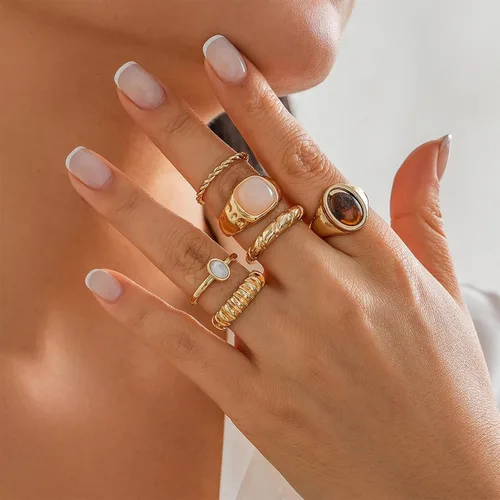 Vista 5 de Anillos de cristal gruesos de oro para mujer, diseño de cúpula grande, piedra lunar, juego de anillos vintage bohemios, punk, joyería vanguardista