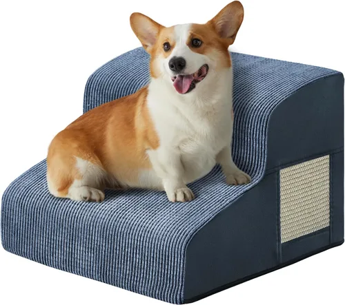 Vista 12 de Escaleras de perro para cama, escaleras para perros pequeños, rampa para perros de 2 peldaños para cama, sofá, sillón y sillas, diseño Beige