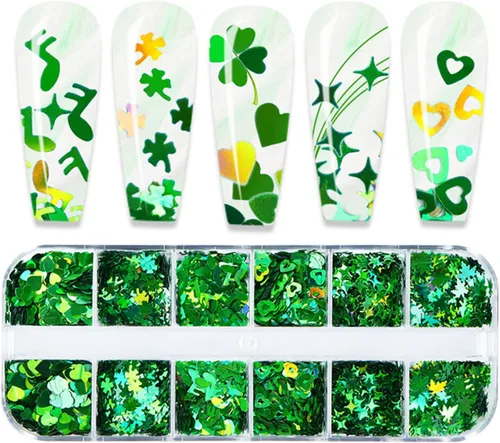 Vista 5 de 12 rejillas para el Día de San Patricio para uñas con purpurina y lentejuelas holográficas 3D trébol verde trébol para uñas con purpurina de corazón