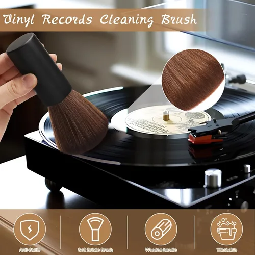 Vista 5 de Ziliny 3 piezas de cepillo de limpieza de discos de vinilo de madera antiestático para discos de polvo, kit de limpiador de vinilo, accesorios