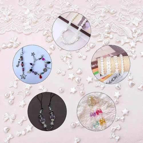 Vista 6 de Forise 200 cuentas de perlas de imitación de acrilonitrilo butadieno estireno sueltas con forma de corazón blanco para hacer joyas, pulseras