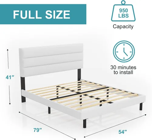 Vista 2 de IYEE NATURE Base de cama de tamaño matrimonial con cabecero, plataforma resistente con soporte de listones de madera, sin somier, base de colchón