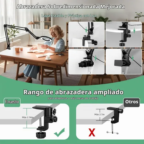 Vista 5 de 12 lupas con luz, lámpara de escritorio LED ultra larga de 3 secciones con brazo oscilante con abrazadera grande, 5 colores y brillo, lupa manos