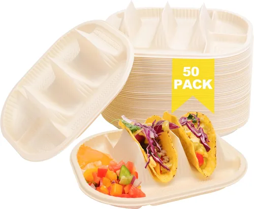 Vista 14 de Platos pequeños desechables para tacos con lados para mojar - Paquete de 100, porta tacos de almidón de maíz biodegradable, tamaño mini