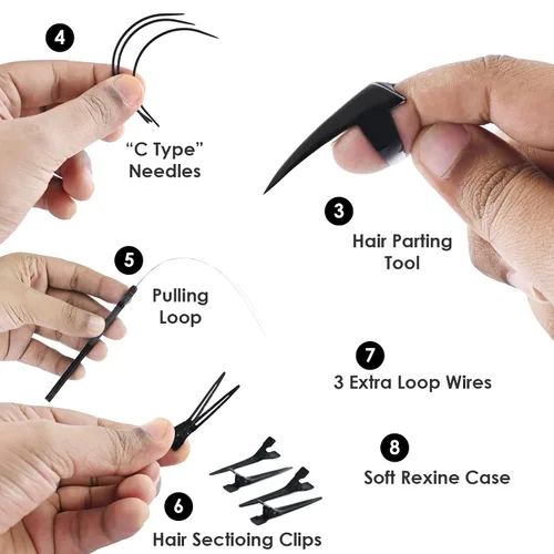 Vista 8 de El kit de herramientas de extensión de cabello incluye 2 alicates de prensado de microeslabones con microperlas, 12 clips de seccionamiento
