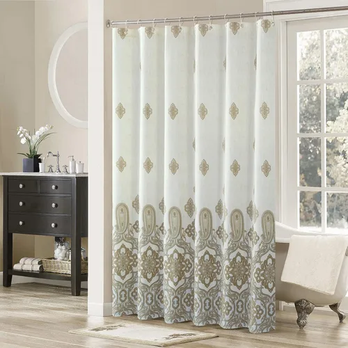 Vista 11 de Arlene - Cortina bohemia con borde bordado cosido azul para ventana, par de paneles de borlas blancas, cada uno de 42 pulgadas de ancho x 84