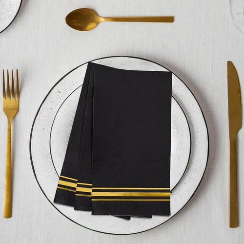 Vista 4 de 200 Servilletas de Papel con Ribete Dorado Negras Elegantes Servilletas de Cena, Servilletas de Invitados de 3 Capas con Papel Dorado Desechables