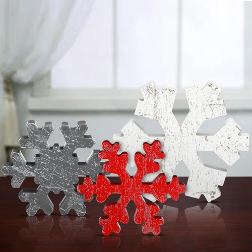 Vista 13 de Bucherry 3 Piezas Decoración de Copos de Nieve de Madera de Invierno Letreros de Mesa de Copos de Nieve de Invierno Rústicos Bloques de Madera