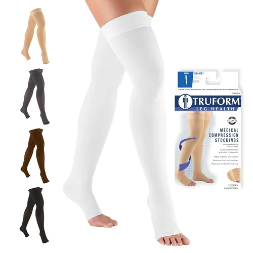 Vista 15 de Truform - Medias de compresión 20-30 mmHg para hombres y mujeres, longitud hasta el muslo, parte superior con lunares, punta abierta, color beige