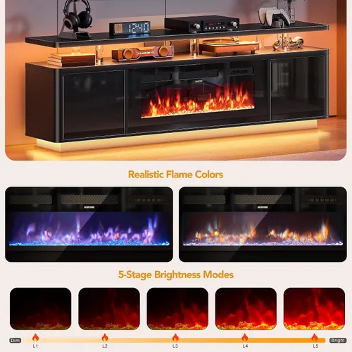 Vista 4 de oneinmil Soporte de TV con chimenea de 70 pulgadas para sala de estar, centro de entretenimiento con chimenea eléctrica con luces LED dobles
