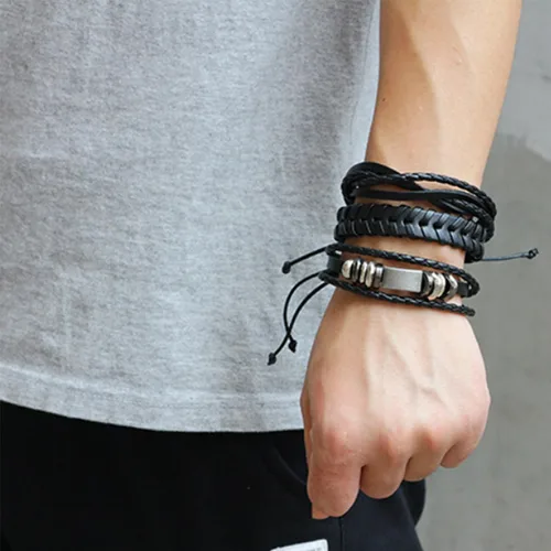Vista 6 de Jstyle 12Pcs Braided Bracelet for Men Beaded Bracelets Wrap Leather Wooden Bracelets Adjustable