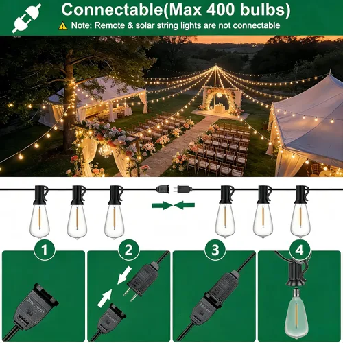 Vista 6 de Guirnalda de luces para exteriores de 25 pies, luces impermeables para patio con bombillas Edison ST38 vintage inastillables, luces colgantes