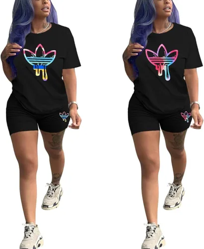 Vista 2 de Molilove - Conjunto deportivo estilo casual de 2 piezas para mujer, con camiseta de hombros descubiertos y pantalones cortos ajustados