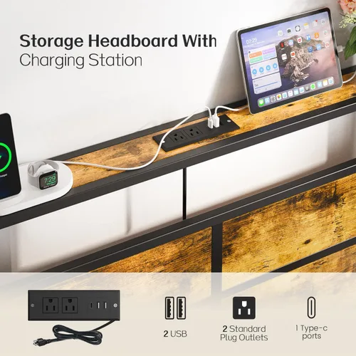 Vista 4 de Liians Base de cama tamaño King con cabecera de estación de carga USB tipo C, luces LED inteligentes, plataforma de metal sin ruido, no necesita