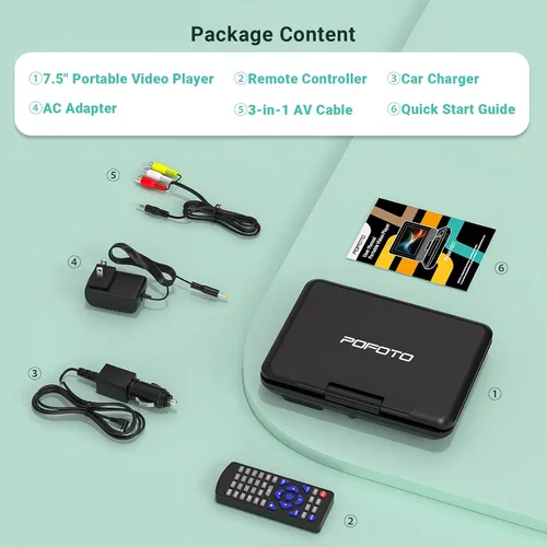 Vista 9 de POFOTO Reproductor de DVD portátil de 9.5 pulgadas para niños y automóvil con pantalla giratoria de 7.5 pulgadas, tiempo de trabajo de 4 a 6 horas
