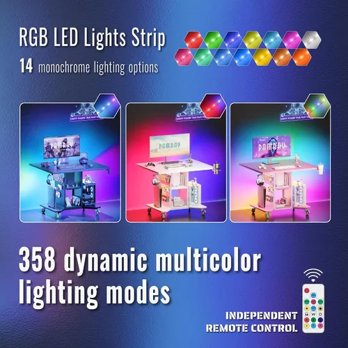 Vista 4 de Pamray Escritorio pequeño con ruedas para juegos con luces LED, tomas de corriente y tablero de clavijas de almacenamiento, mesa compacta