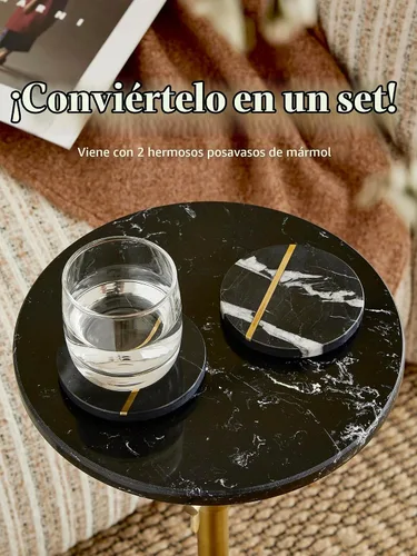 Vista 6 de Mesa ajustable de mármol negro de 10 pulgadas con 2 posavasos, latón antiguo Adjustable 10" round martini end table & pedestal side table. Black