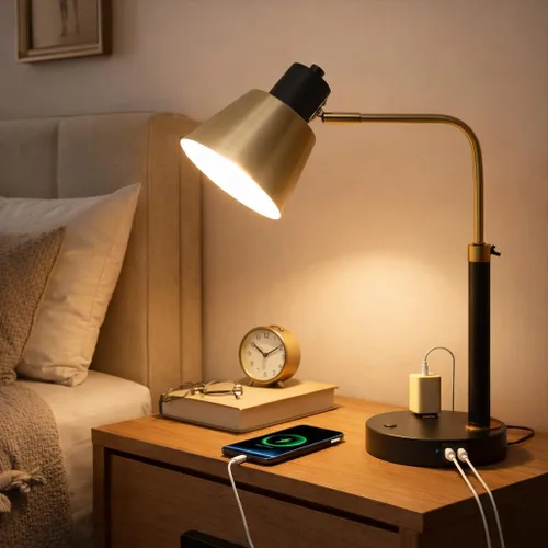 Vista 6 de Lámpara de escritorio con USB-C, USB-A y toma de CA, lámpara de escritorio de metal ajustable con cabezal giratorio de 340°, lámpara de mesa