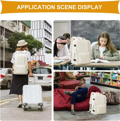 Vista 7 de coowoz Mochila de mano para mujeres y hombres, mochila de viaje aprobada por aerolíneas, mochila deportiva para laptop, A- Beige, Compacto