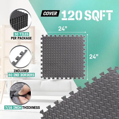 Vista 3 de Yes4All 24SQFT-120SQFT - Tapete de ejercicio de rompecabezas para gimnasio en casa, baldosas de espuma EVA entrelazadas con borde