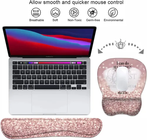 Vista 3 de Juego de almohadilla ergonómica para mouse con soporte de muñeca y teclado con posavasos, base de poliuretano antideslizante, fácil de escribir