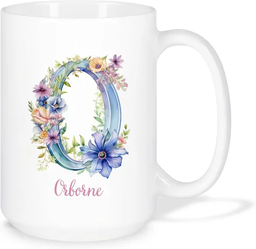 Vista 13 de Taza de café personalizada de la letra A del alfabeto, Taza de café blanca con nombre personalizado único, Taza inicial de monograma floral