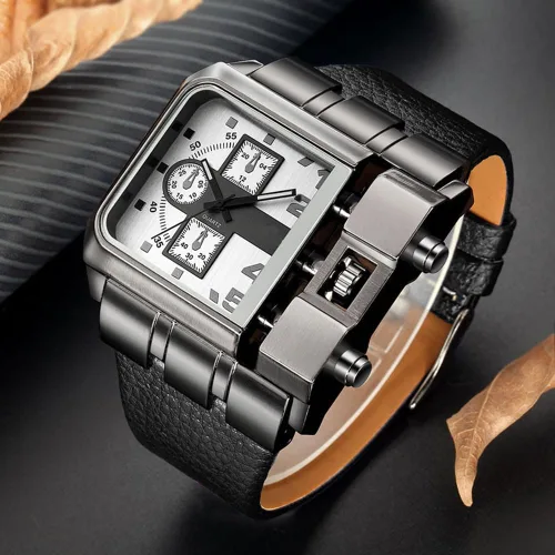 Vista 2 de Reginald Hip hop 53MM Men's Large Face Watch for Men Square Novel Face Dial Stainless Steel Quartz Leather Strap Watches