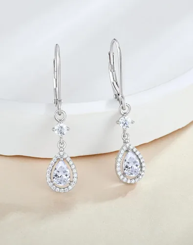 Vista 2 de Aretes colgantes de cristal para mujer, aretes Guesma de 0.236 x 0.157 pulgadas, diseño de lágrima, piedra natal creada, plata esterlina 925, aretes