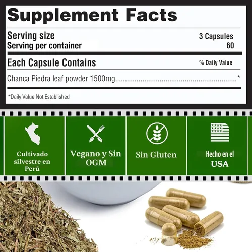 Vista 7 de Peruvian Naturals Chanca Piedra Stone Breaker 180 Cápsulas – Disolvente de Cálculos Renales y de Vesícula Biliar – 1500mg por Porción – Chancapiedra