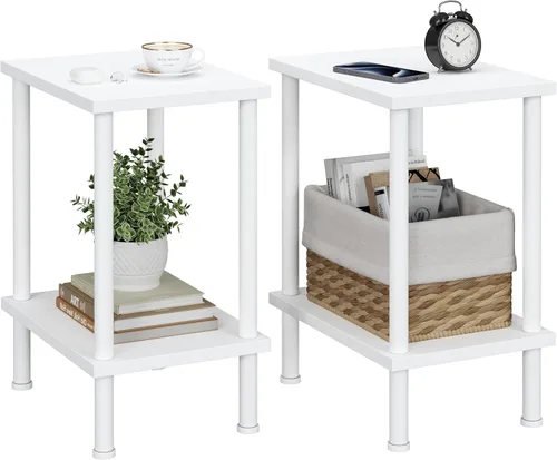 Vista 13 de Vimber Mesa auxiliar, mesa lateral, juego de 2, mesitas de noche con estantes de almacenamiento de 2 niveles, mesa para sofá para espacios pequeños