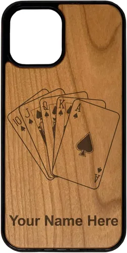 Vista 6 de Funda de madera natural compatible con iPhone, tarjetas de póquer Royal Flush y grabado personalizado incluido (bambú)