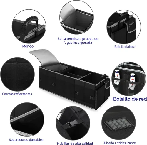 Vista 4 de Organizador de maletero con bolsa de enfriamiento aislada y a prueba de fugas incorporada, organizador de carga plegable para SUV con tiras