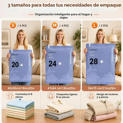 Vista 2 de QcoQce Bolsas inalámbricas de almacenamiento al vacío con bomba, paquete de 12 (2 L/4 M/4 S/2 bono), bolsas de ahorro de espacio para viajes