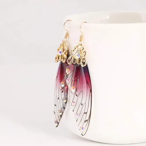Vista 3 de CH - Pendientes de ala de mariposa hechos a mano con diamantes de imitación, joyería romántica