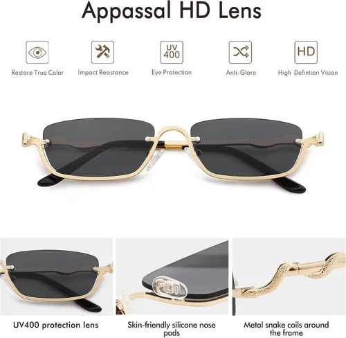 Vista 4 de Appassal Gafas de sol de serpiente de moda para mujeres y hombres, gafas de sol rectangulares estrechas AP3649