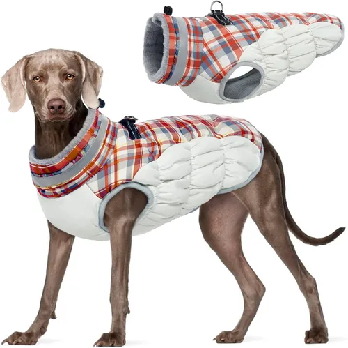 Vista 42 de Abrigo para perro, chaqueta cálida de invierno, acolchada, de vellón, chaleco reflectante con arnés, chaqueta de nieve impermeable con cremallera, a