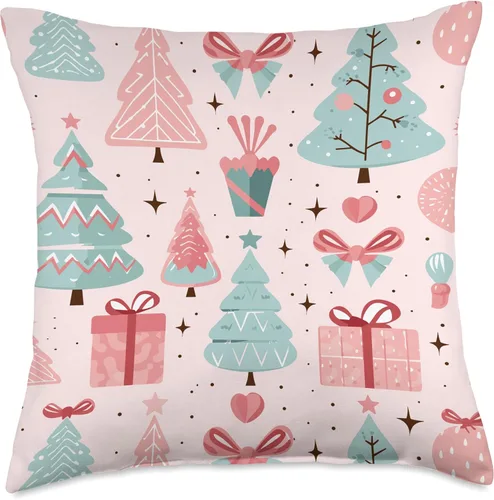 Vista 5 de Blush Pink Holiday Cheer Co. Almohada con patrón navideño de árbol de Navidad, color rosa pastel y verde salvia, 16 x 16 pulgadas, multicolor