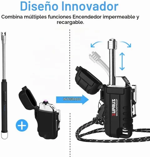 Vista 7 de SUPRUS Encendedor impermeable a prueba de viento Encendedor de arco Encendedor de plasma Encendedores recargables USB-C con cuello expandible y Negro