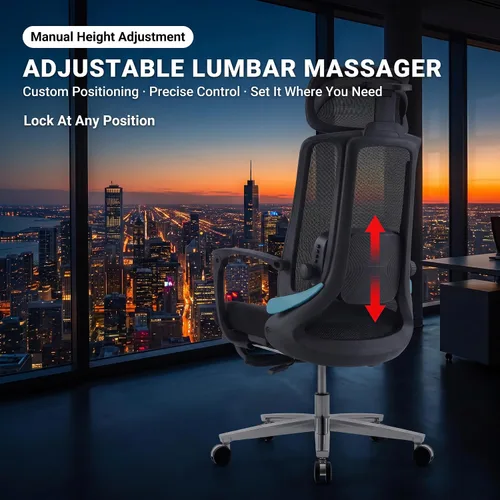 Vista 4 de Silla de oficina ergonómica con reposapiés y masajeador lumbar ajustable, silla de escritorio grande y alta con reposacabezas 5D, silla giratoria