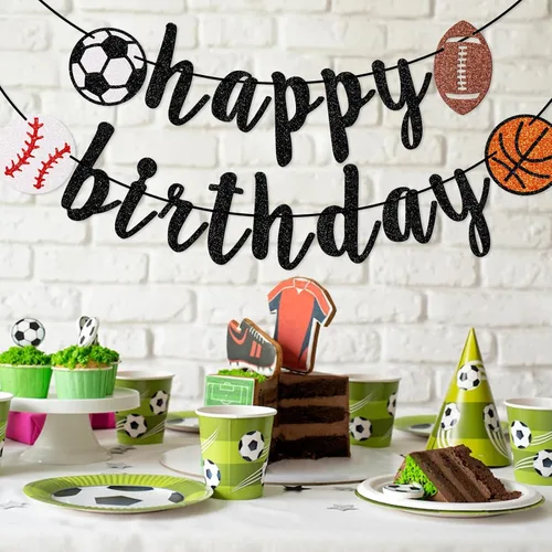 Vista 8 de Cartel deportivo de feliz cumpleaños, pancarta de cumpleaños con purpurina, fútbol, béisbol, fútbol, baloncesto (negro) Sports Birthday Party
