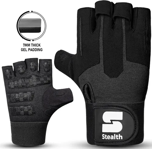 Vista 6 de Stealth Sports Guantes de entrenamiento de levantamiento de pesas para hombres y mujeres, agarre acolchado de gel antideslizante, protección