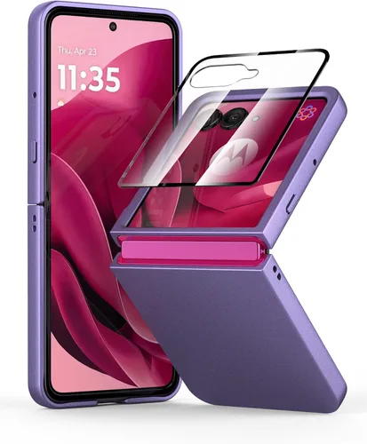 Vista 9 de Funda delgada de piel sintética para Motorola Razr Plus 2023, [cubierta frontal transparente + parte trasera de cuero duro de policarbonato] Marrón